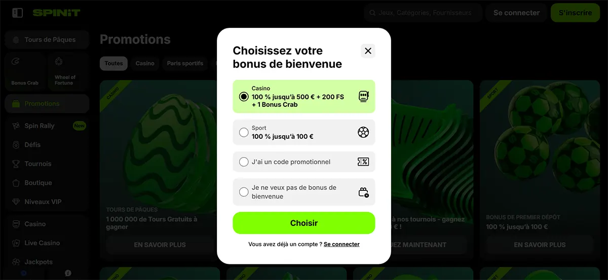 French casino welcome bonus selection popup with options for a casino bonus, sports bonus, promo code, or no welcome bonus, plus a bright green “Choisir” button over a darkened promotions page.